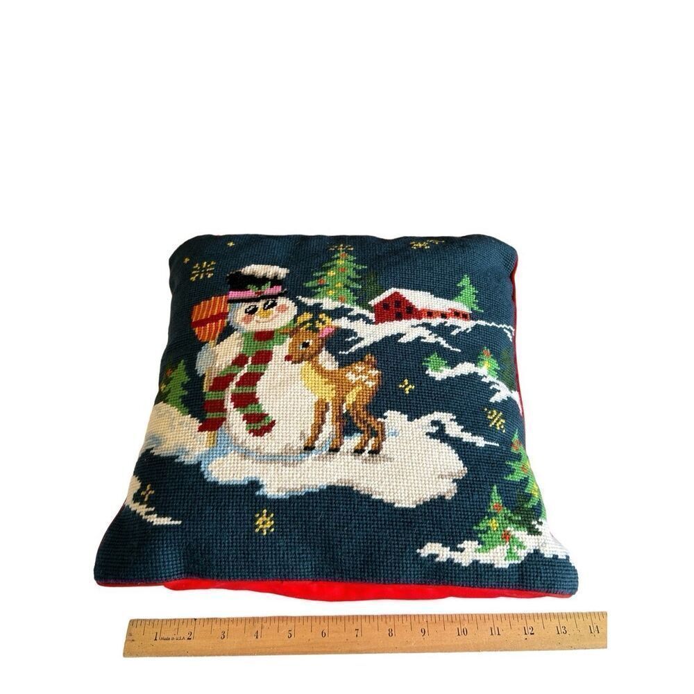 Red Tapestry pillow snowman deer Christmas 13x14”‎
